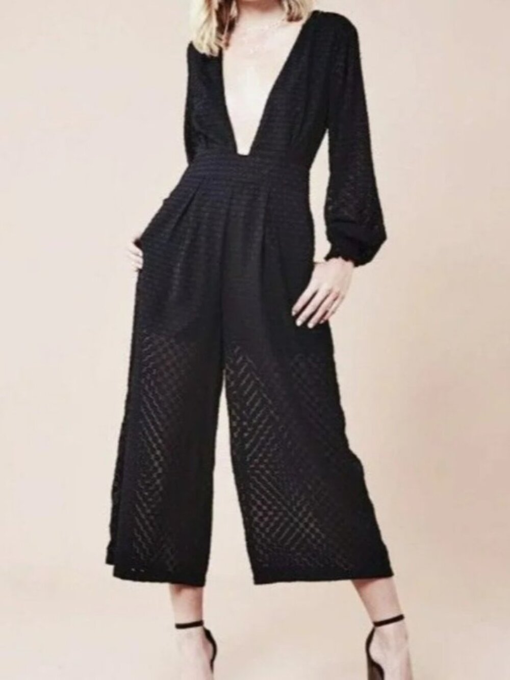 MinkPink Women’s Anika Jumpsuit Deep V Sheer Overlay Long Sleeve Black SizeS